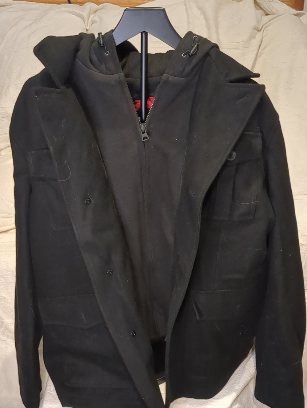 Levi's Black Wool-Blend Pea Coat with Hooded Inner Layer